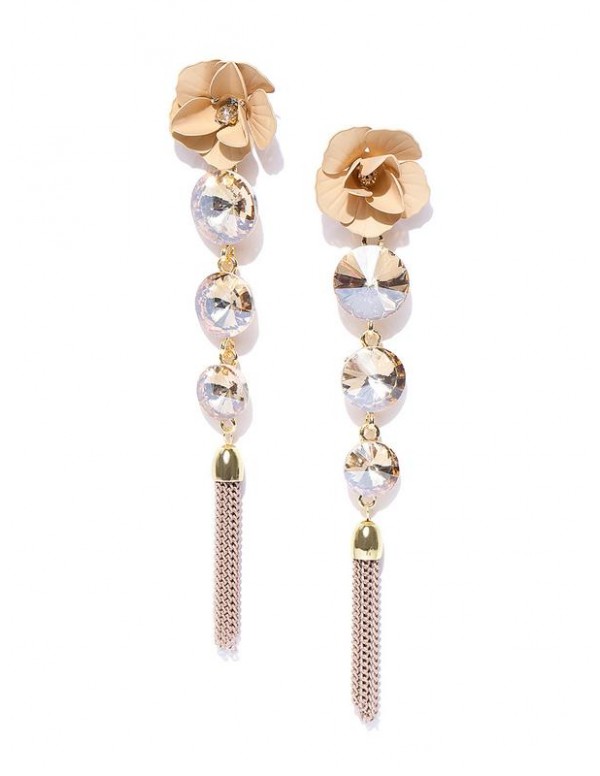 Beige Gold-Plated Handcrafted Floral Drop Earrings 35271