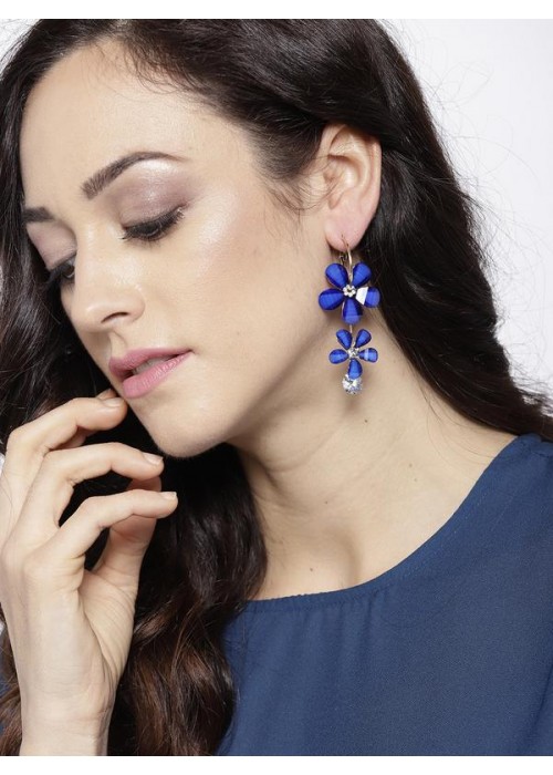 Blue Gold-Plated Handcrafted Floral Drop Earrings 35293