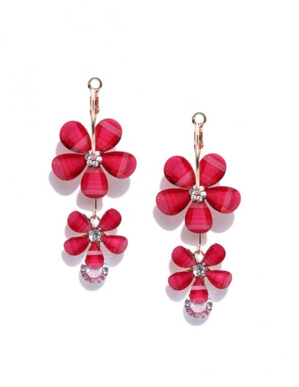 Red Gold-Plated Handcrafted Floral Drop Earrings 3...