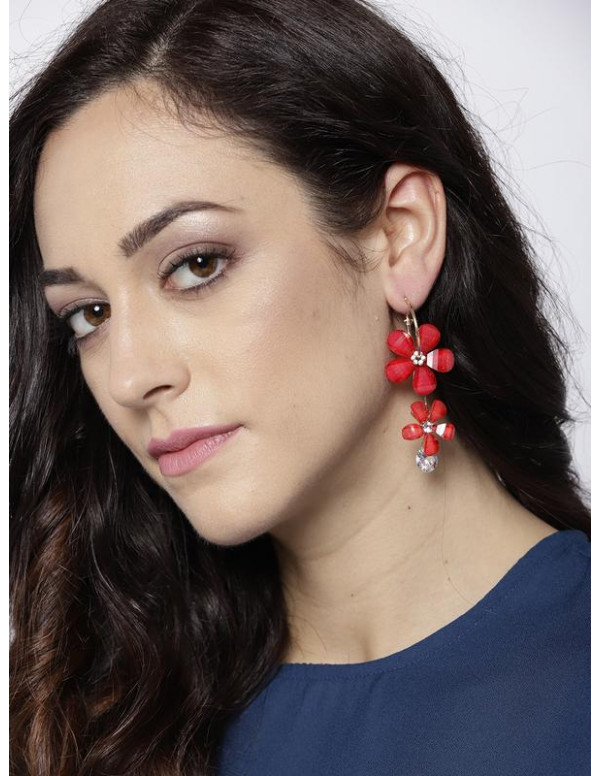 Red Gold-Plated Handcrafted Floral Drop Earrings 3...