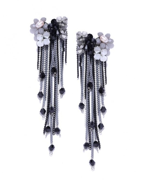 Black & White Gold-Plated Beaded Handcrafted Contemporary Drop Earrings 35310