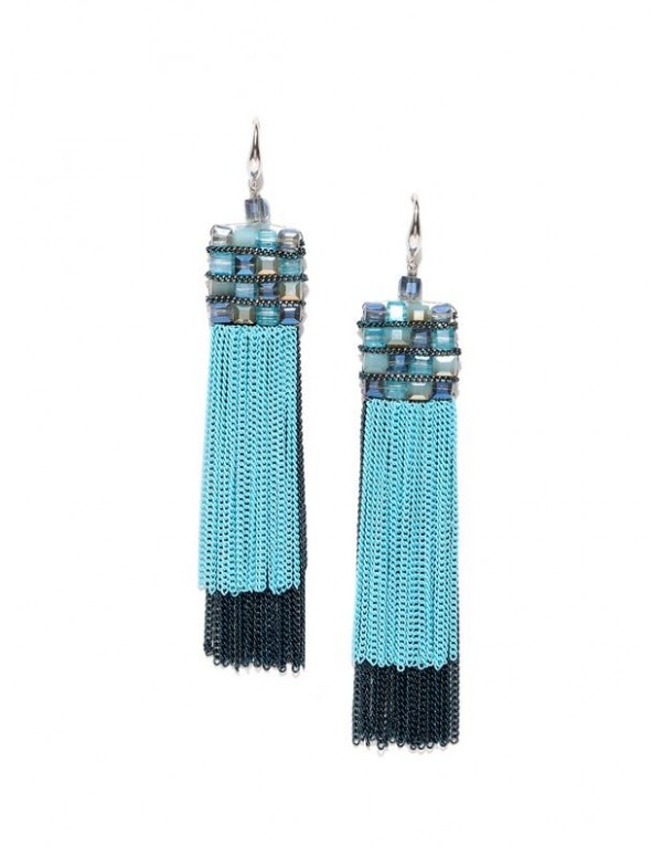 Blue Silver-Plated Beaded & Tasseled Handcrafted Contemporary Drop Earrings
 35315