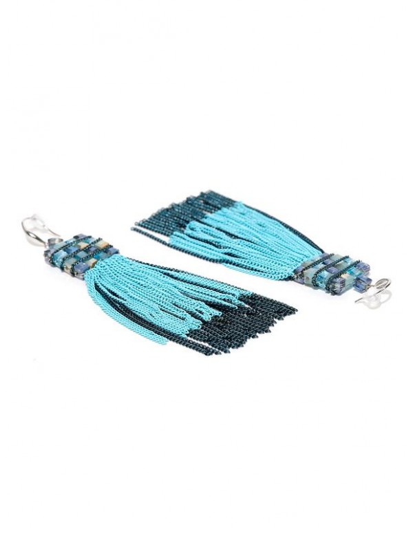 Blue Silver-Plated Beaded & Tasseled Handcrafted Contemporary Drop Earrings
 35315