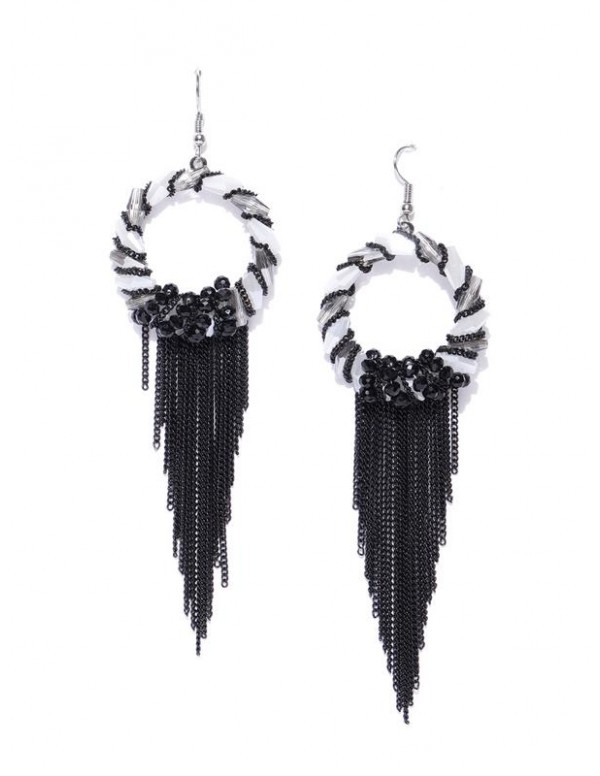 Black & Off-White Silver-Plated Beaded Handcrafted Circular Drop Earrings
 35318