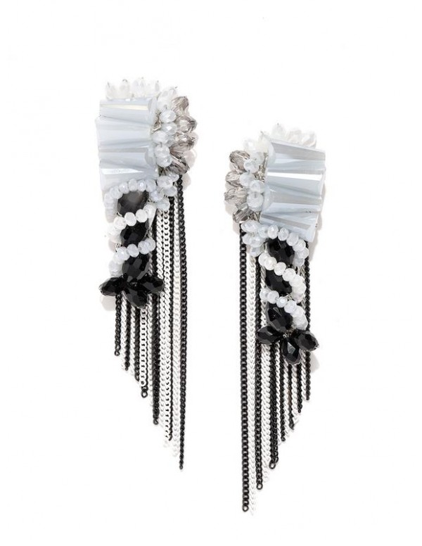 Black & Grey Gold-Plated Beaded Handcrafted Contemporary Drop Earrings 35320