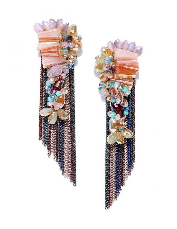 Multicolored Gold-Plated Handcrafted Tasseled Drop Earrings 35321