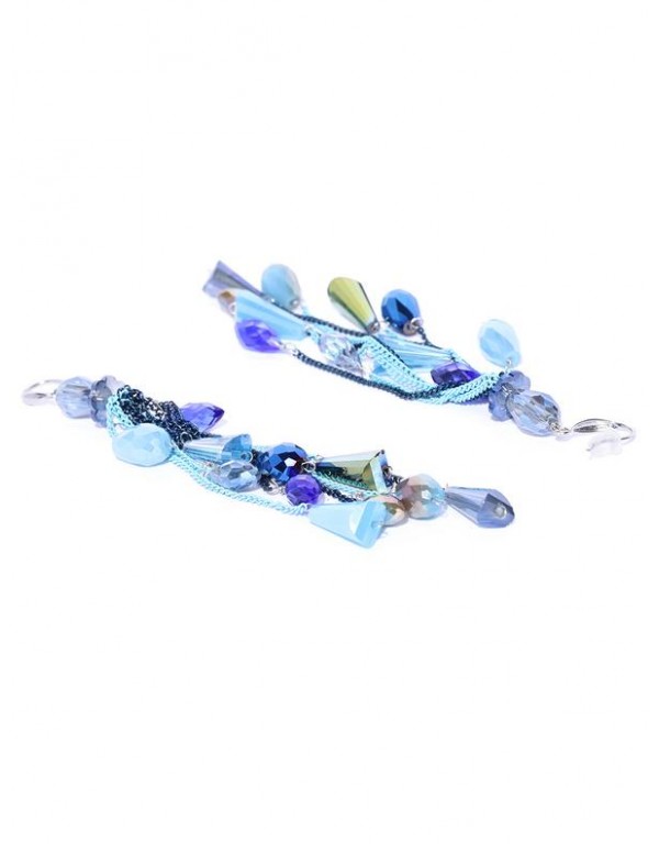 Blue Silver-Plated Beaded & Tasseled Handcrafted Contemporary Drop Earrings
 35325