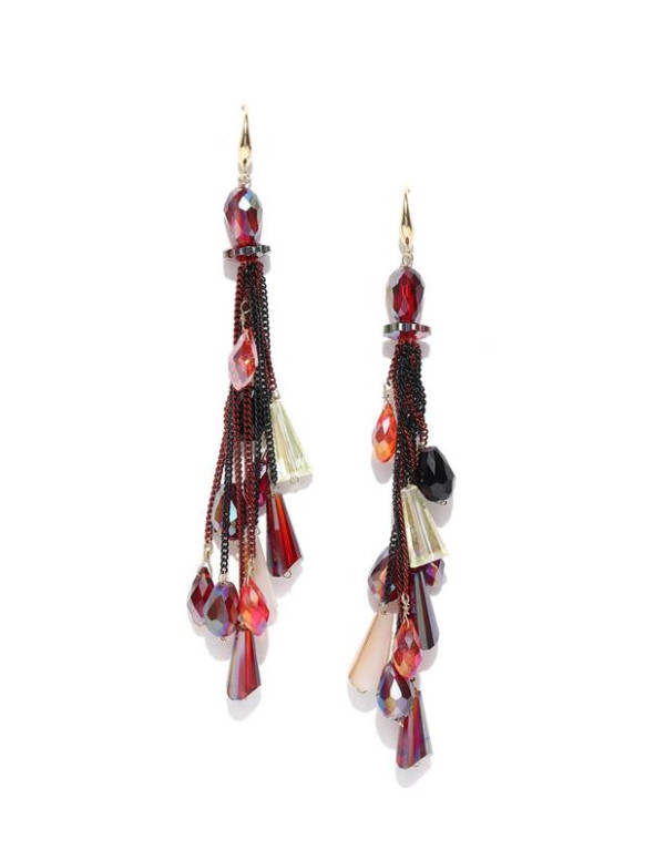 Red & Black Handcrafted Tasseled Contemporary Drop Earrings 35328