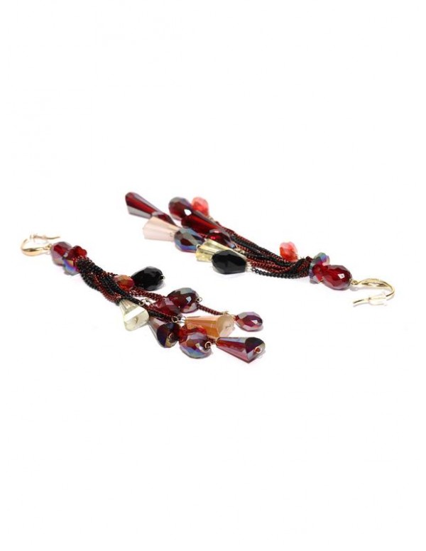 Red & Black Handcrafted Tasseled Contemporary Drop Earrings 35328