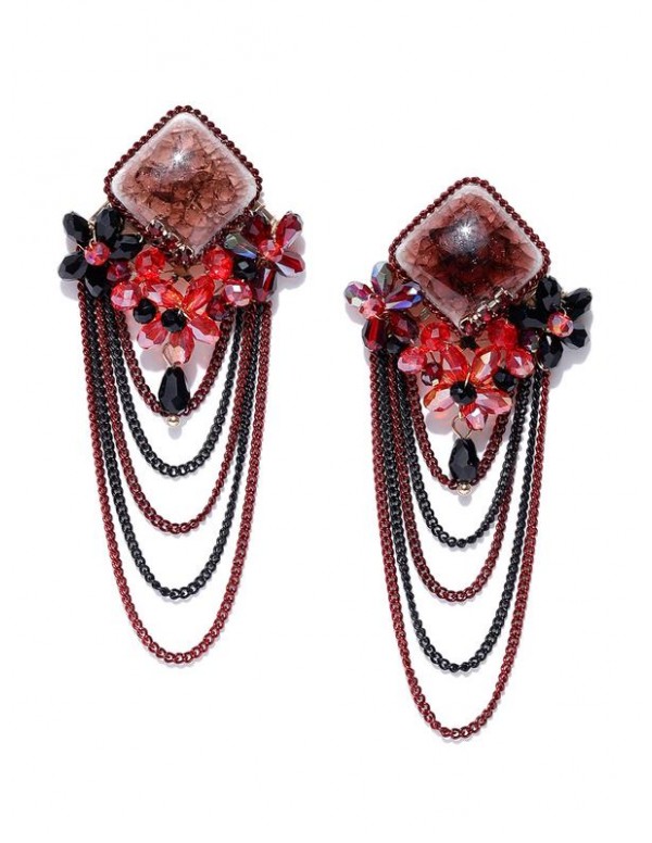 Red & Black Gold-Plated Handcrafted Contemporary Drop Earrings 35335