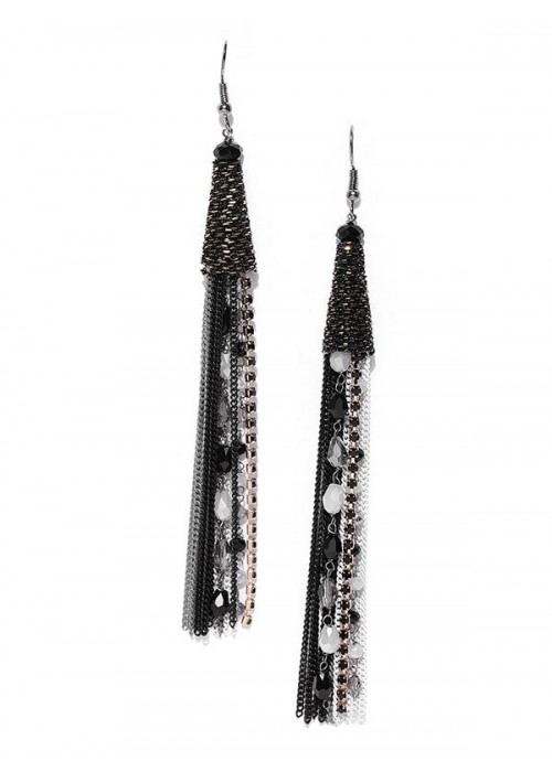 Black & White Silver-Plated Handcrafted Tasseled Drop Earrings
 35340