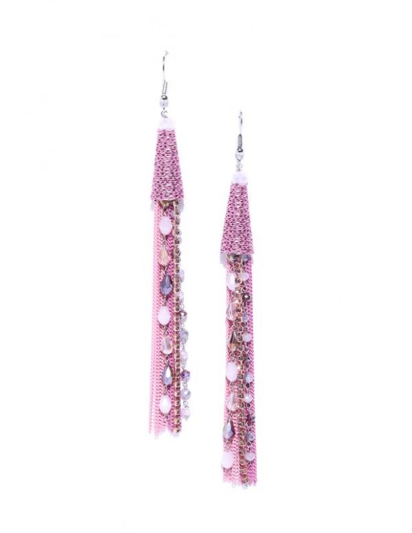 Pink Silver-Plated Beaded & Tasseled Handcrafted Contemporary Drop Earrings
 35342