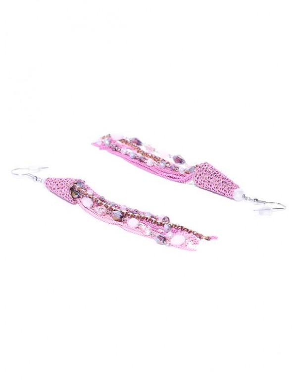 Pink Silver-Plated Beaded & Tasseled Handcrafted Contemporary Drop Earrings
 35342