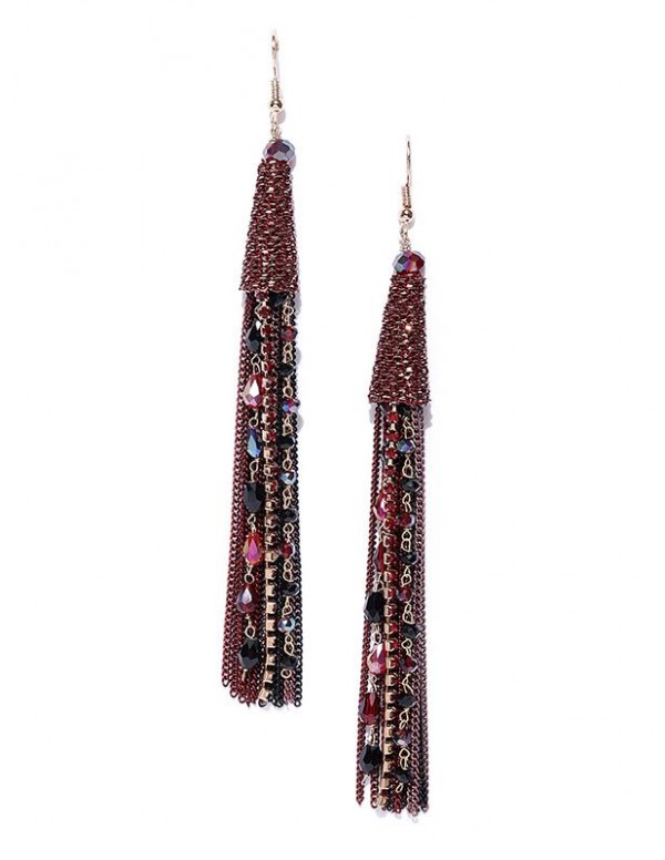 Maroon Gold-Plated Handcrafted Tasseled Drop Earrings 35343