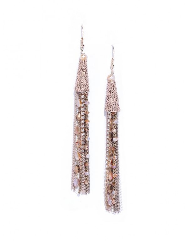 Beige Gold-Plated Beaded Tasseled Handcrafted Drop Earrings
 35344