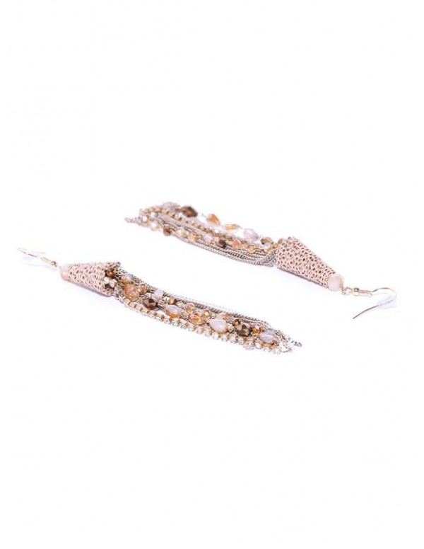 Beige Gold-Plated Beaded Tasseled Handcrafted Drop Earrings
 35344