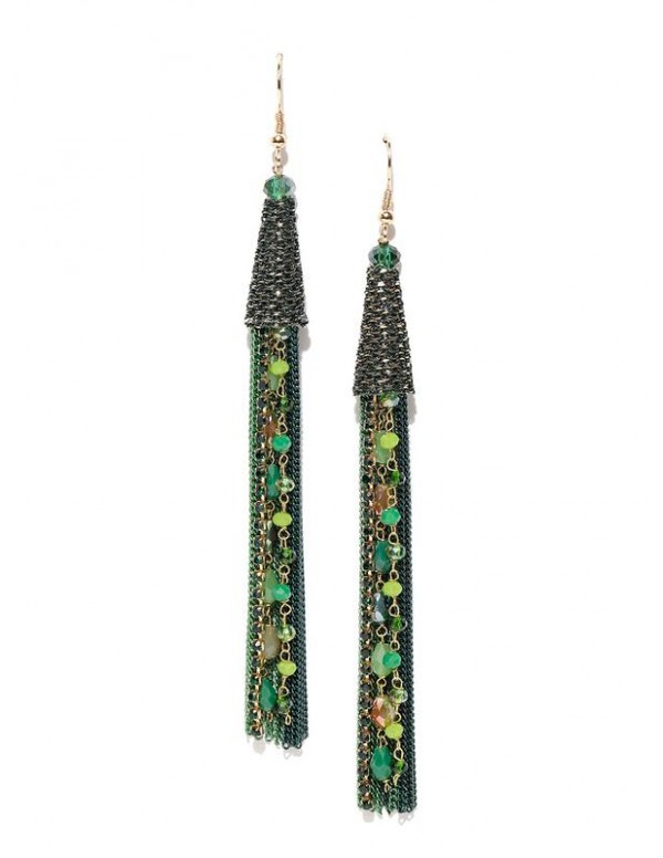 Green & Gold-Toned Handcrafted Tasseled Contemporary Drop Earrings
 35346