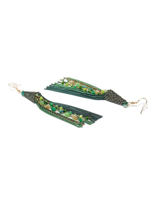 Green & Gold-Toned Handcrafted Tasseled Contemporary Drop Earrings
 35346