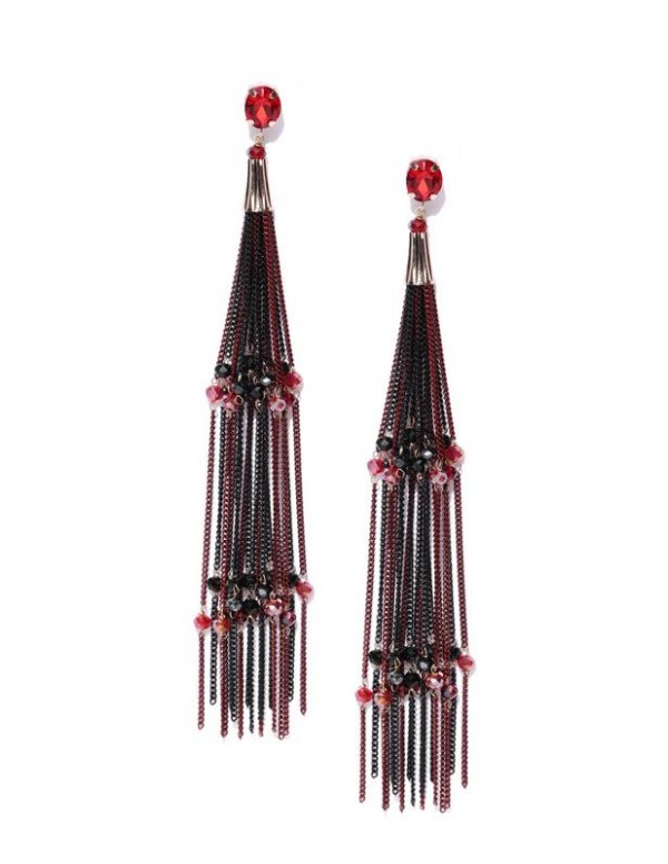 Maroon & Black Gold-Plated Handcrafted Tasseled Drop Earrings 35349