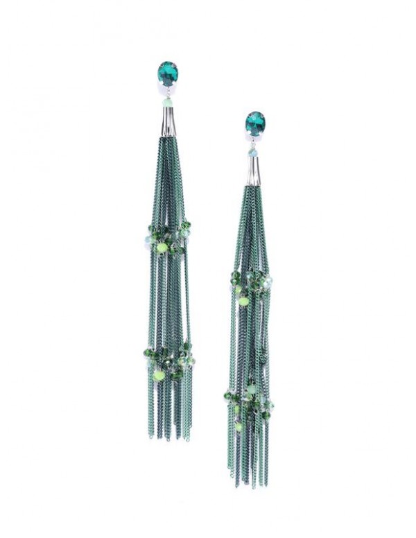 Green Silver-Plated Tasseled Handcrafted Drop Earr...
