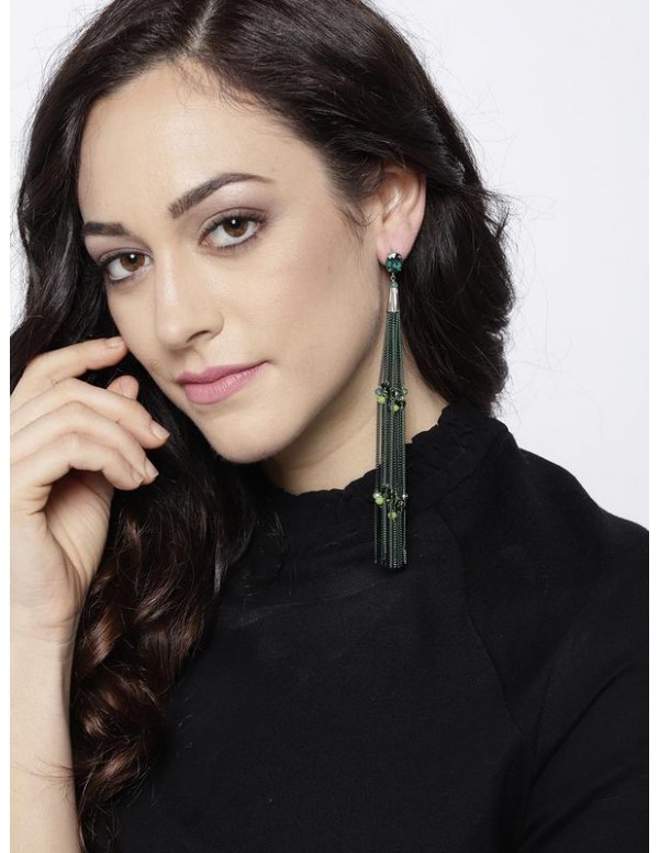 Green Silver-Plated Tasseled Handcrafted Drop Earr...