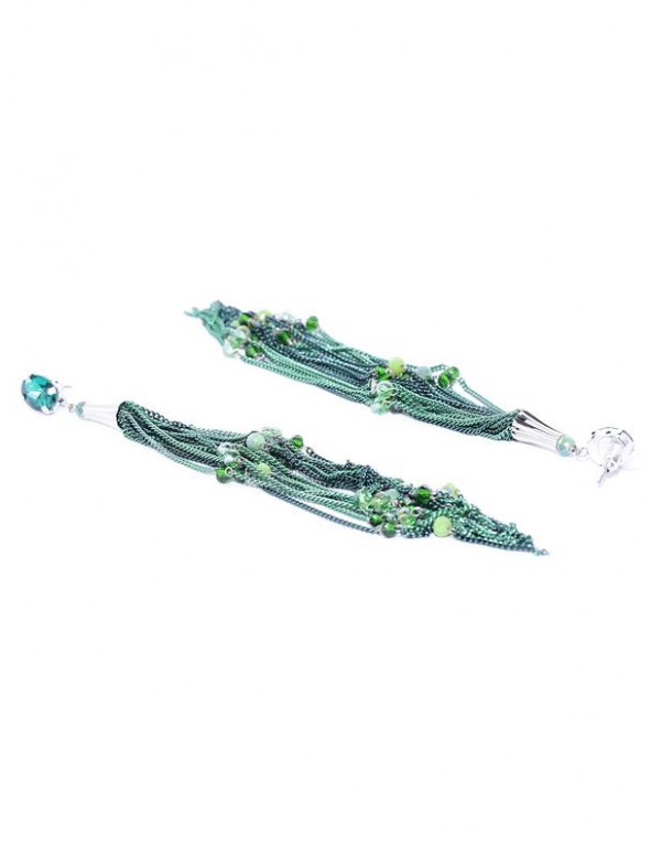 Green Silver-Plated Tasseled Handcrafted Drop Earrings
 35350