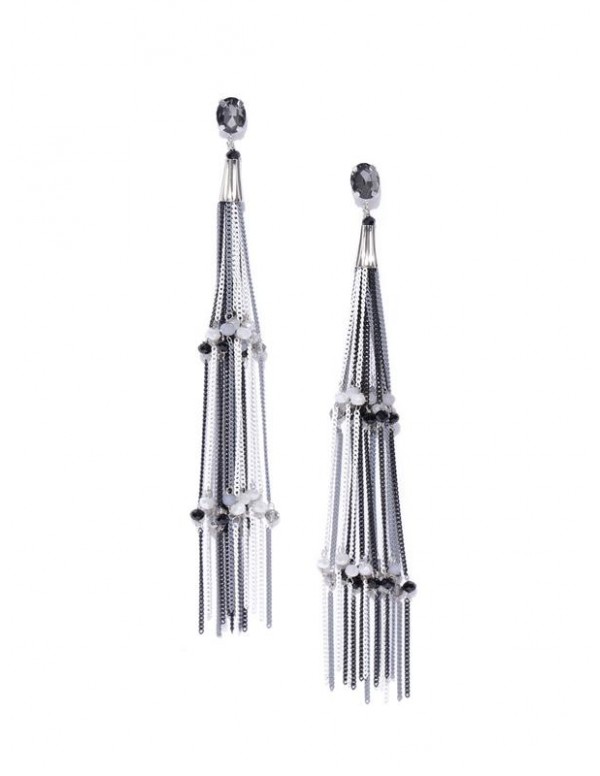Grey & White Silver-Plated Tasseled Handcrafted Drop Earrings 35352