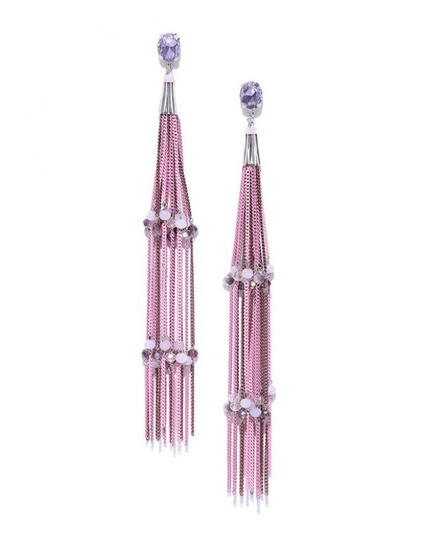 Pink & Lavender Silver-Plated Tasseled Handcrafted Drop Earrings 35353