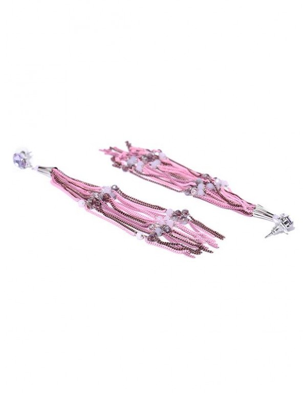 Pink & Lavender Silver-Plated Tasseled Handcrafted Drop Earrings 35353
