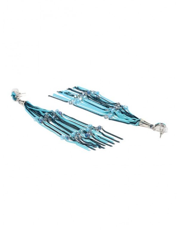 Blue Silver-Plated Tasseled Handcrafted Contemporary Drop Earrings
 35354