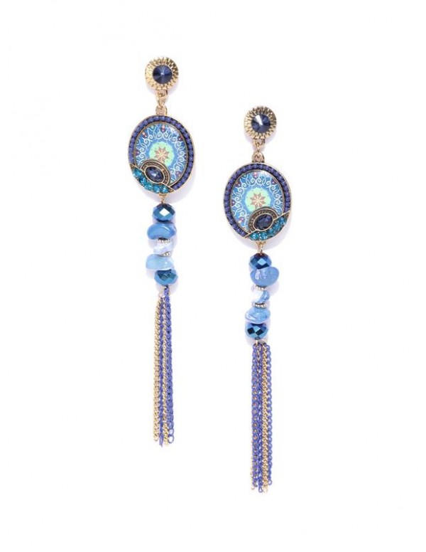 Blue Gold-Plated Handcrafted Tasseled Drop Earrings 35375