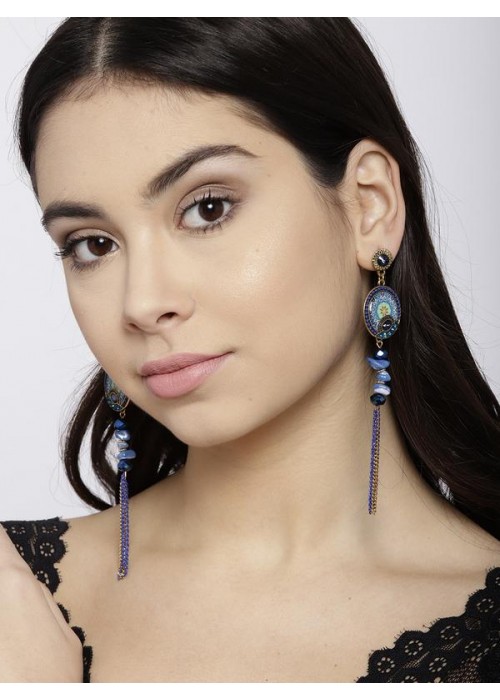 Blue Gold-Plated Handcrafted Tasseled Drop Earrings 35375