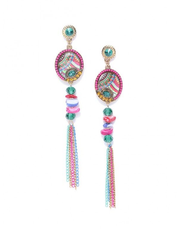 Pink & Green Gold-Plated Handcrafted Contemporary Drop Earrings 35376