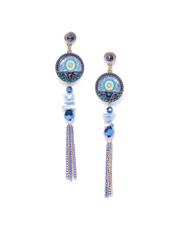 Blue Gold-Plated Handcrafted Stone-Studded Drop Earrings 35381