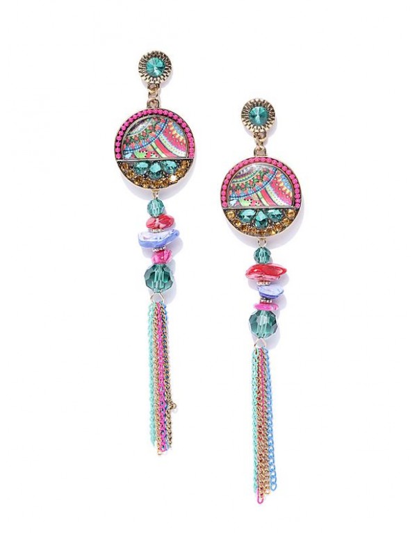 Pink & Green Gold-Plated Handcrafted Tasseled Drop Earrings 35382