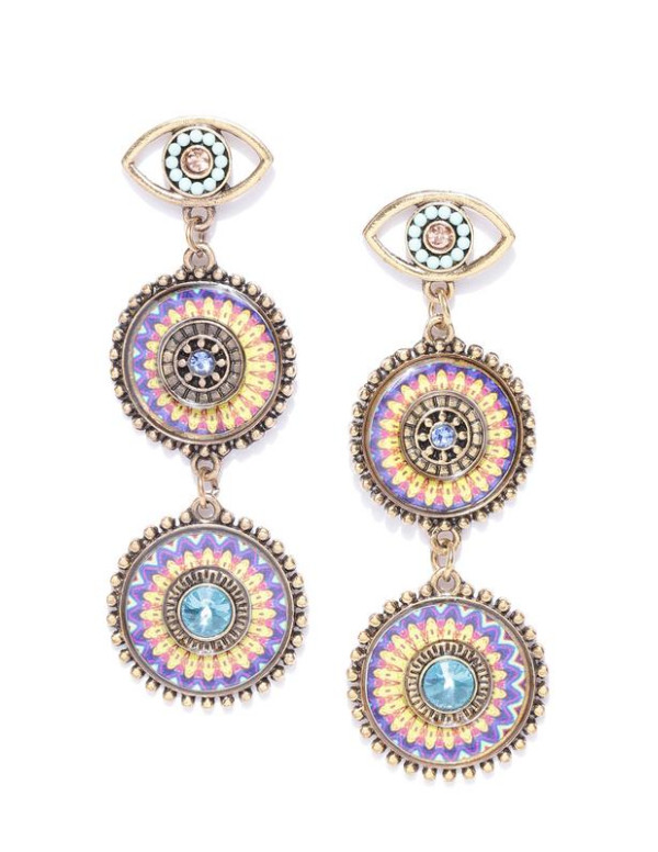 Purple & Yellow Antique Gold-Plated Handcrafted Circular Drop Earrings 35385