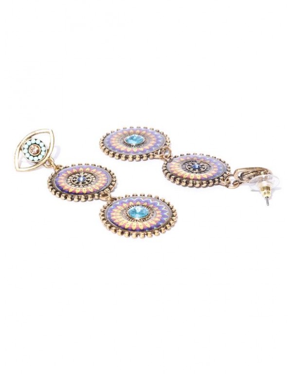 Purple & Yellow Antique Gold-Plated Handcrafted Circular Drop Earrings 35385