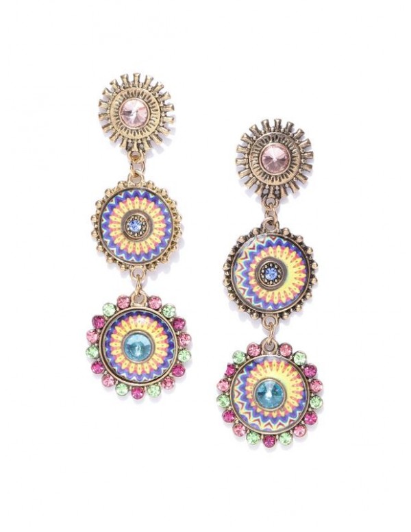 Blue & Pink Gold-Plated Handcrafted Stone-Studded Circular Drop Earrings 35387