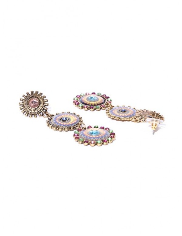 Blue & Pink Gold-Plated Handcrafted Stone-Studded Circular Drop Earrings 35387