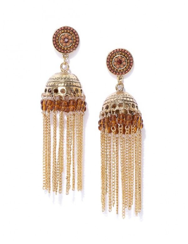 Brown Antique Gold-Plated Handcrafted Dome Shaped Jhumkas 35394