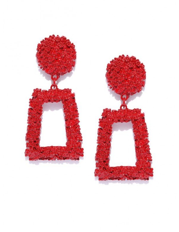 Red Handcrafted Textured Geometric Drop Earrings 35428