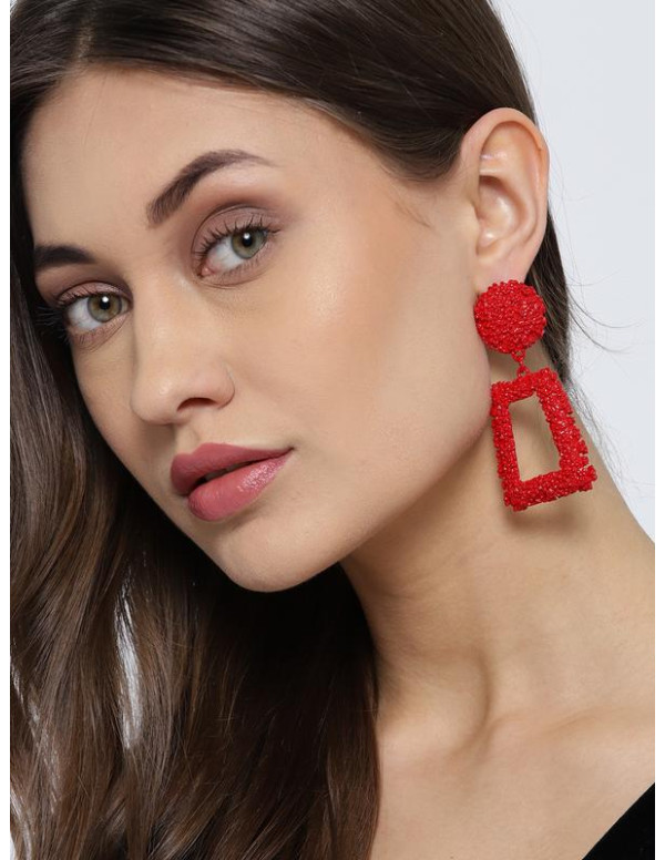 Red Handcrafted Textured Geometric Drop Earrings 3...