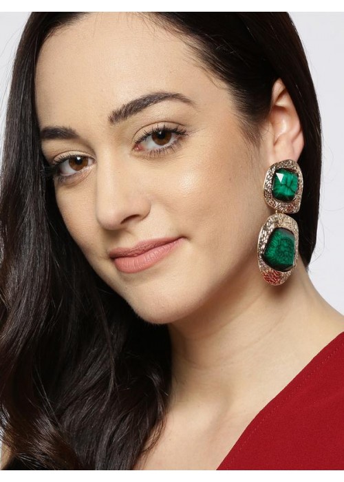 Green Gold-Plated Stone-Studded Handcrafted Contemporary Drop Earrings 35430