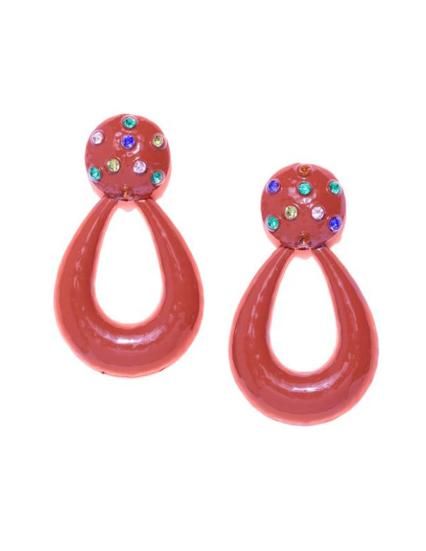 Red Enameled Handcrafted Teardrop Shaped Drop Earr...