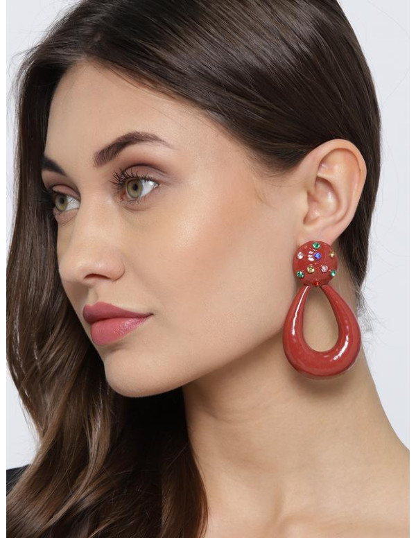 Red Enameled Handcrafted Teardrop Shaped Drop Earr...