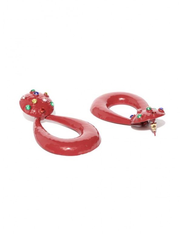 Red Enameled Handcrafted Teardrop Shaped Drop Earrings 35437