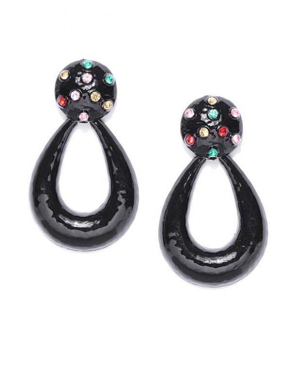 Black Handcrafted Stone-Studded Teardrop-Shaped Drop Earrings 35438