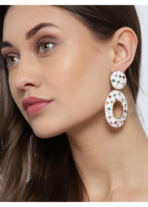 White Gold-Plated Handcrafted Enameled Oval Drop Earrings 35439
