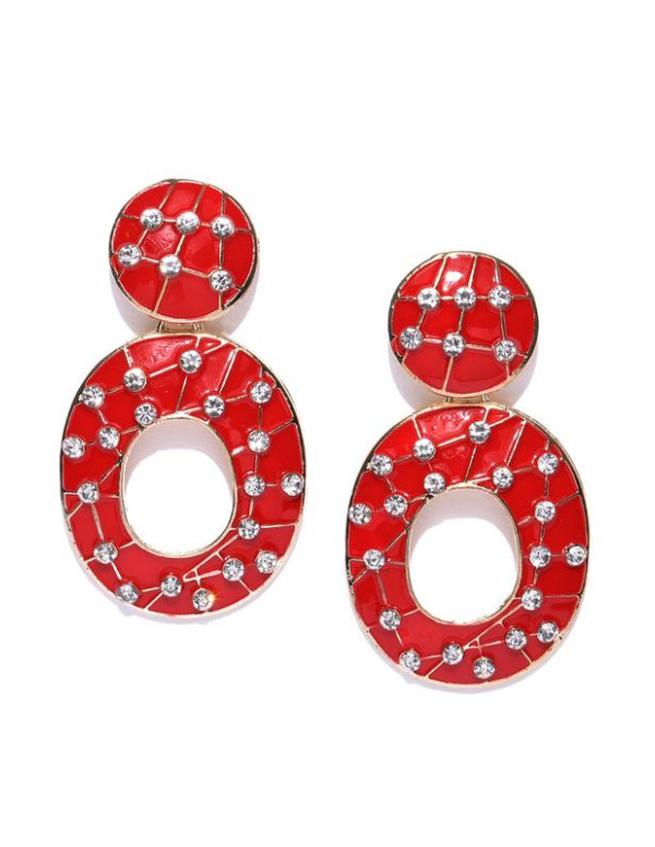 Red Gold-Plated Enameled Handcrafted Oval Drop Earrings 35440