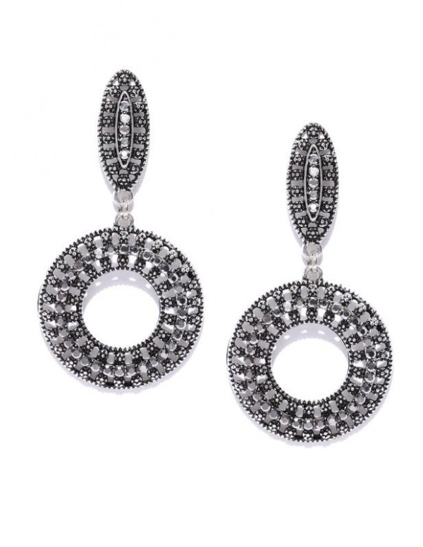 Oxidized Silver-Plated Handcrafted Circular Drop Earrings 35445